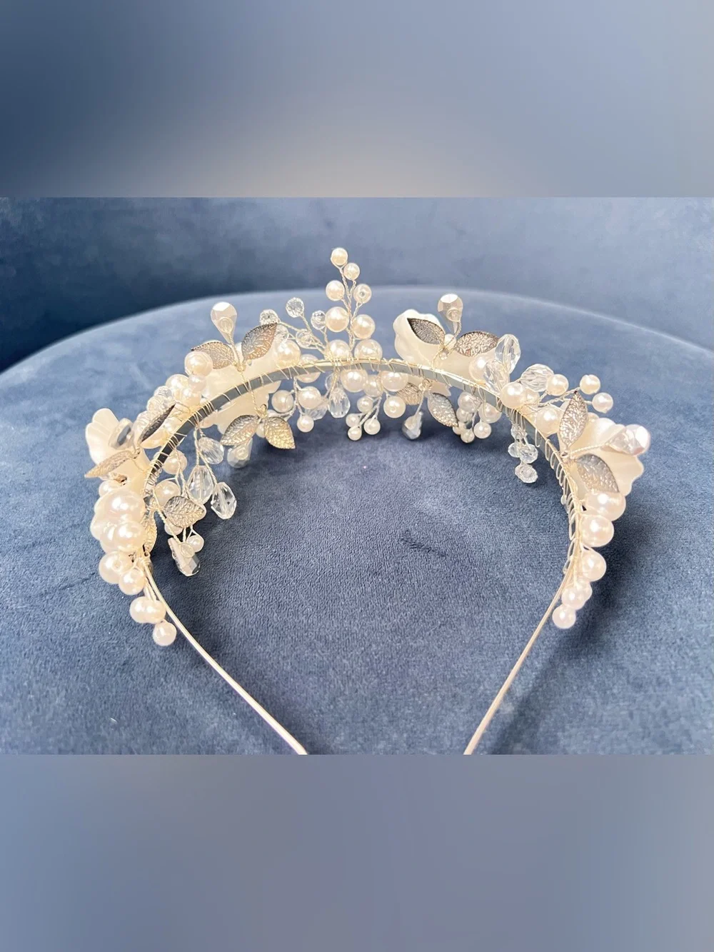 NIB Bridal Pearl Crystal Floral Headband Wedding Hair Crown Tiara White Silver